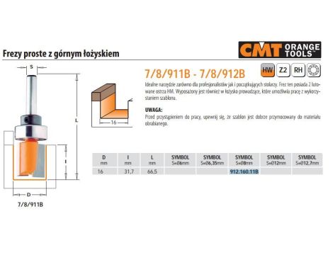 CMT FREZ PROSTY HM D=16 I=31,7 L=60 S=8 Z GÓRNYM ŁOŻYSKIEM