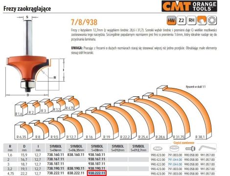 CMT FREZ ZAOKRĄGLAJĄCY Z ŁOŻYSKIEM HM R= 4,75 D=22,2 I=12,7 S=8 - 2