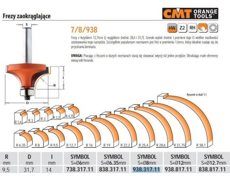 CMT FREZ ZAOKRĄGLAJĄCY Z ŁOŻYSKIEM HM R= 9,5 D=31,7 I=14 S=8 - 2