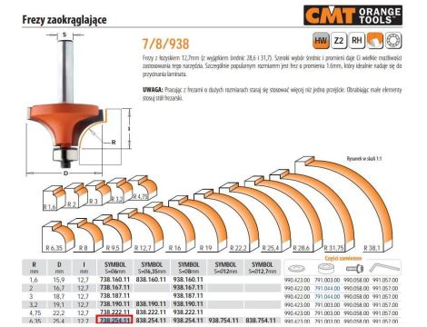 CMT FREZ ZAOKRĄGLAJĄCY Z ŁOŻYSKIEM HM R= 6,35 D=25,4 I=12,7 S=6...