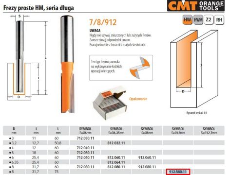 CMT FREZ PROSTY DŁUGI HM D= 8 I=31,7 L=75 S=12