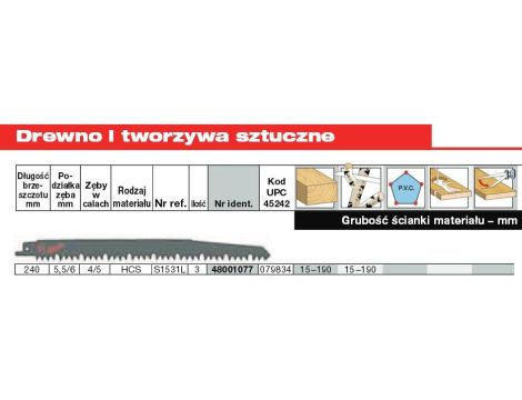 MILWAUKEE BRZESZCZOT DO PIŁY SZABLASTEJ 240/5,5mm HCS 3szt. DREWNO