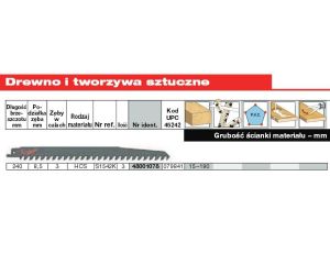 MILWAUKEE BRZESZCZOT DO PIŁY SZABLASTEJ 240/8,5mm HCS 3szt. DREWNO