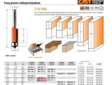 CMT FREZ PROSTY Z ŁOŻYSKIEM DOLNYM HM I=25,4 D=12,7 S=6,35 - 2