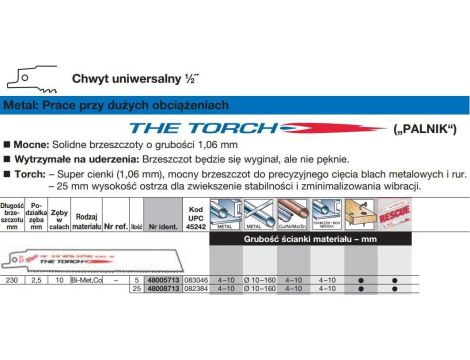 MILWAUKEE BRZESZCZOT DO PIŁY SZABLASTEJ 230/2,5mm TORCH BIMETAL 5szt. DO METALU >>> 48475713