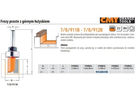 CMT FREZ PROSTY KRÓTKI HM D=22 I=20 L=57 S=8 Z GÓRNYM ŁOŻYSKIEM - 2