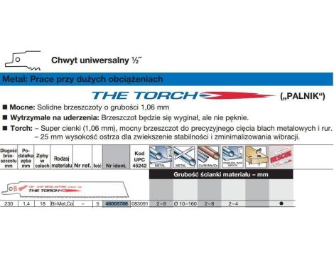 MILWAUKEE BRZESZCZOT DO PIŁY SZABLASTEJ 230/1,4mm TORCH BIMETAL 5szt. DO METALU >>> 48475788