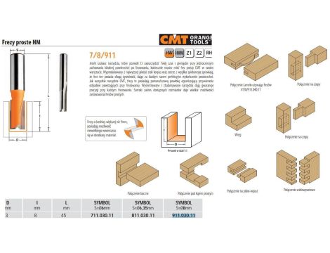 CMT FREZ PROSTY KRÓTKI  HM D= 3 I=8 L=45 S=8%%% - 2