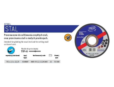 INCOFLEX TARCZA DO CIĘCIA METALU  115 x 2,5 x 22,2mm %%%