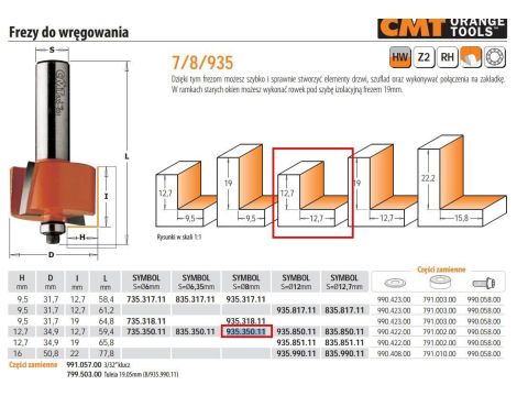 CMT FREZ Z ŁOŻYSKIEM DO WRĘG I PROFILI ZŁĄCZENIOWYCH HM H=12,7 D=34,9 I=12,7 S=8%%% - 2