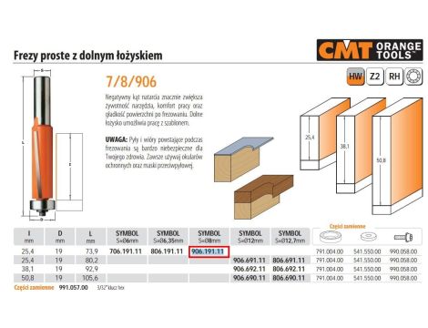 CMT FREZ PROSTY Z ŁOŻYSKIEM DOLNYM HM I=25,4 D=19 S=8 - 2