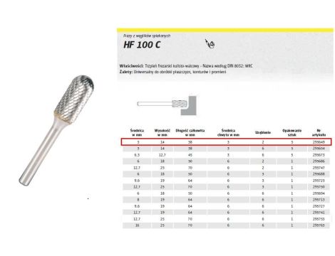 KLINGSPOR FREZ DO METALU HF 100 C FI=3,0x14mm TRZPIEŃ 3mm TYP WRC, WALCOWO-KULISTY