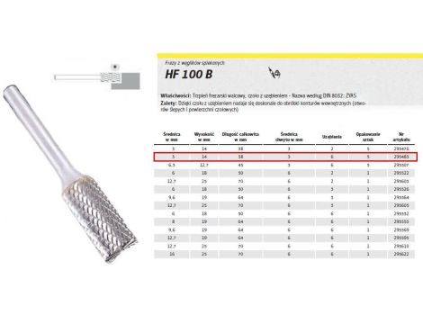 KLINGSPOR FREZ DO METALU HF 100 B FI=3,0x14mm TRZPIEŃ 3mm TYP ZYAS, WALCOWY