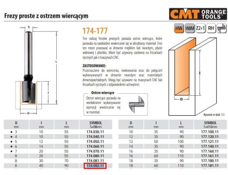 CMT FREZ PROSTY Z OSTRZEM WIERCĄCYM HM D=8 I=40 L=90 S=8