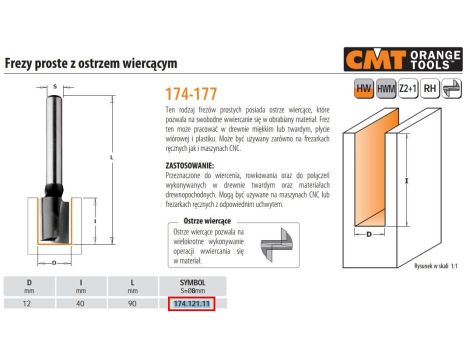 CMT FREZ PROSTY WIERCĄCY HM D=12 I=40 L=90 S=8 - 2