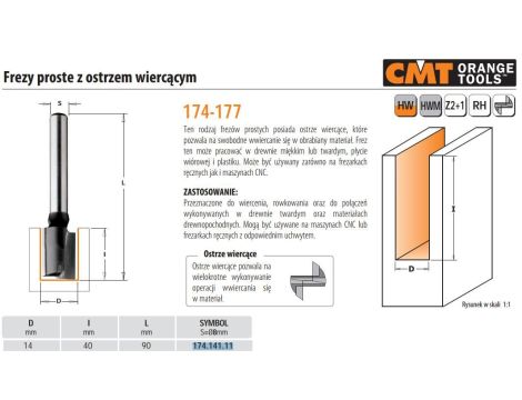 CMT FREZ PROSTY WIERCĄCY HM D=14 I=40 L=90 S=8 - 2