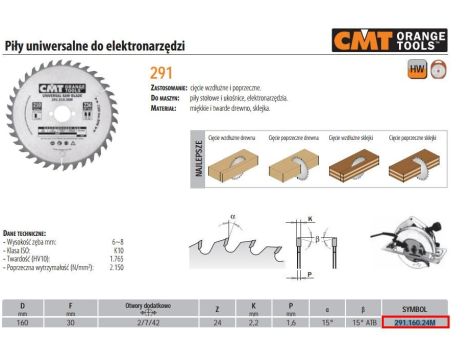 PIŁA UNIWERSALNA, DO CIĘCIA WZDŁUŻNEGO I POPRZECZNEGO HM D=160 F=30 Z=24 K=2,6/1,6