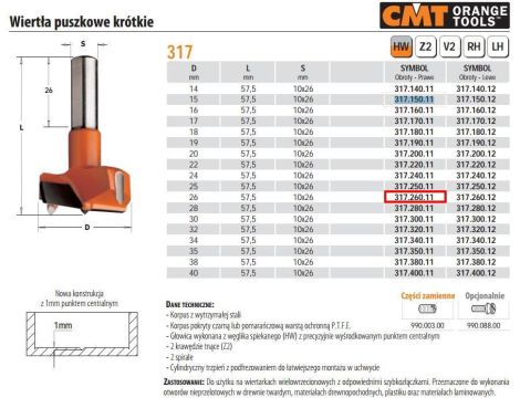 CMT WIERTŁO PUSZKOWE KRÓTKIE HW D=26 L=57,5 S=10x26 RH