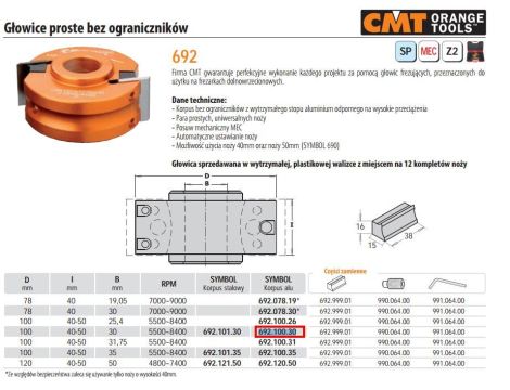 CMT GŁOWICA FREZUJĄCA PROSTA BEZ OGRANICZNIKÓW D=100 I=40-50 F=30 RPM=5500 - 8400 - 2