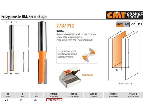 CMT FREZ PROSTY DŁUGI HM D= 3 I=11 L=60 S=6 - 2