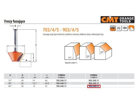 CMT FREZ DO FAZOWANIA, SKOSÓW HM A=45 D=25 I=8 L=41 S=8. - 2