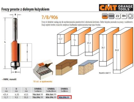 CMT FREZ PROSTY Z ŁOŻYSKIEM DOLNYM HM I=12,7 D=9,5 S=8 - 2