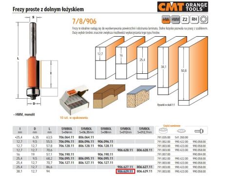 CMT FREZ PROSTY Z ŁOŻYSKIEM DOLNYM HM I=38,1 D=12,7 S=12 - 2