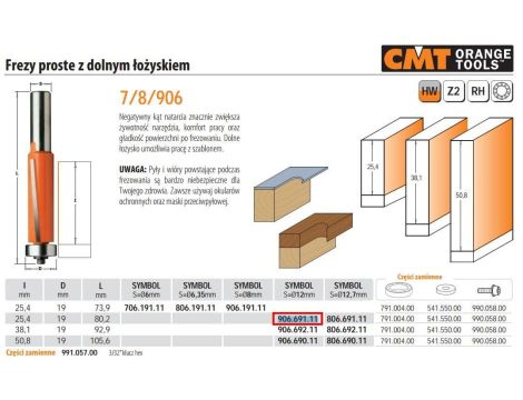 CMT FREZ PROSTY Z ŁOŻYSKIEM DOLNYM HM I=25,4 D=19 S=12 - 2