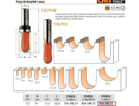 CMT FREZ DO KORYTEK I CZASZ HM R= 9,5 D=19 I=11,5 S=8%%% - 3