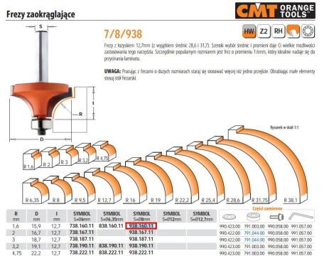CMT FREZ ZAOKRĄGLAJĄCY Z ŁOŻYSKIEM HM R= 1,6 D=15,9 I=12,7 S=8 - 2