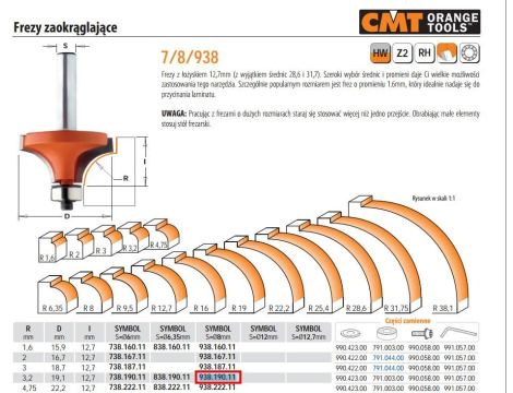 CMT FREZ ZAOKRĄGLAJĄCY Z ŁOŻYSKIEM HM R=3,2 D=19,1 I=12,7 S=8 - 2