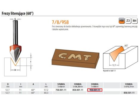 CMT FREZ HM D=12,7 I=11 A=60 S=8 DO GRAWEROWANIA.%%% - 2