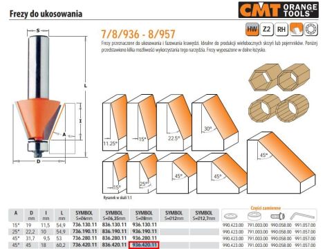 CMT FREZ HM A=45 D=45 I=18 S=8 DO UKOSOWANIA, ŁOŻYSKO.