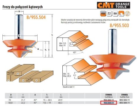 CMT FREZ DO ZAMKNIĘĆ POŁĄCZENIEM KĄTOWYM NA UKOS 45ST.  HM D=50,8 I=22,2 A=45 S=12 T=9,5-19 - 2