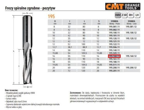 CMT FREZ  D=S=16 I=55 L=110 Z=3 SPIRALNY ZGRUBNY POZYTYW