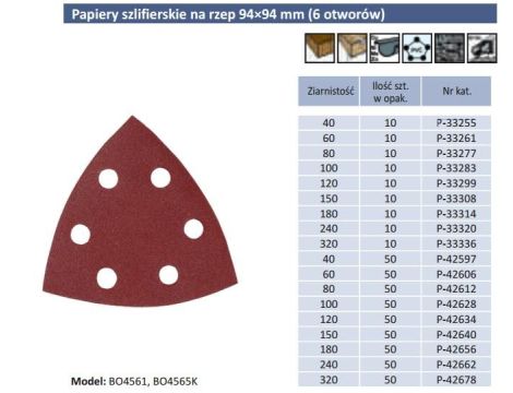 PAPIER SZLIFIERSKI BO4561 K80 94x94x94mm, 6-OTWORÓW.