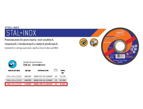 INCOFLEX TARCZA DO METALU 230 x 1,9mm INOX