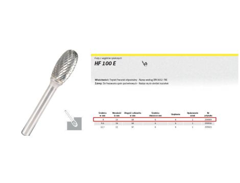KLINGSPOR FREZ DO METALU HF 100 E FI=8,0x15mm TRZPIEŃ 6mm TYP TRE, ELIPSOIDALNY