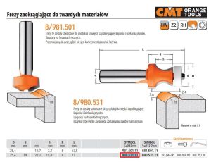 CMT FREZ ZAOKRĄGLAJĄCY DO TWARDYCH MATERIAŁÓW HM R= 8D=25,4 I=22,2B=15,87S=12 ŁOŻYSKO%%%