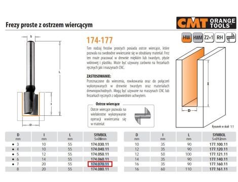 CMT FREZ PROSTY Z OSTRZEM WIERCĄCYMHM D= 7 I=20 L=55 S=8%%%