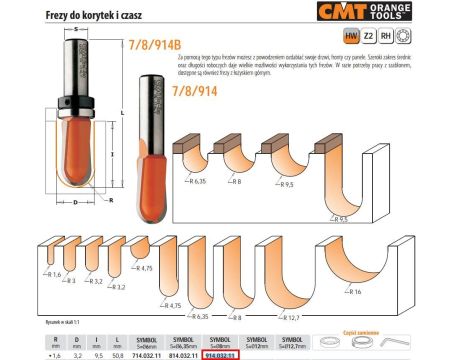 CMT FREZ DO KORYTEK I CZASZ HM R= 1,6 D=3,2 I=9,5 S=8 DEKORACYJNY%%%