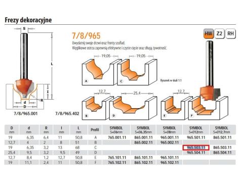 CMT FREZ DEKORACYJNY HM D=19 d=6,35 R=3,2 I=13 S=12