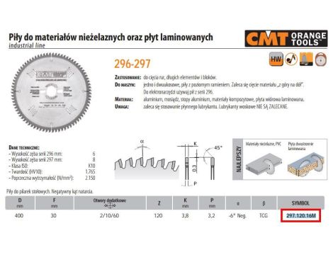 CMT PIŁA HW D=400 F=30 Z=120 K=3,8/3,2 DO MATERIAŁÓW NIEŻELAZNYCH, PCV, PŁYT LAMINOWANYCH