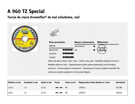 KLINGSPOR TARCZA DO CIĘCIA METALU 115mm x 1,0mm x 22,2mm A960 TZ Special