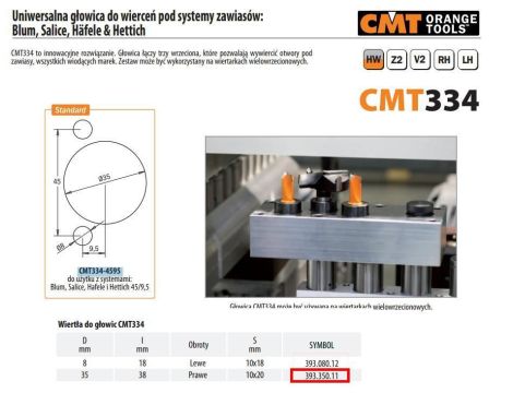 CMT WIERTŁO PUSZKOWE HW D=35 L=38,5 Z2+2 S=10x20 RH DO GŁOWICY CMT334