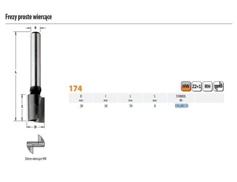 CMT FREZ HM D=20 I=30 L=70 S=8  PROSTY WIERCĄCY.%%%