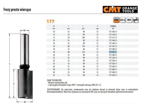 CMT FREZ PROSTY WIERCĄCY HM D=18 I=60 L=110 S=12
