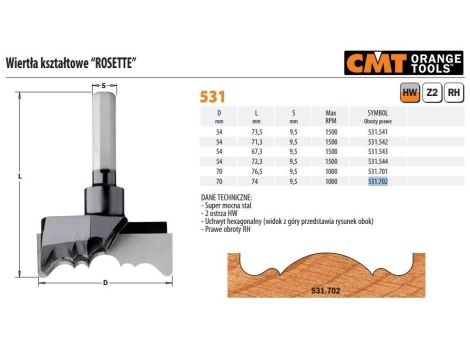 CMT WIERTŁO KSZTAŁOWE "ROSETTE" HM D=70 I=40 S=9,52, UCHWYT HEX