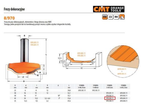 CMT FREZ DEKORACYJNY HM A=3 D=45 d=34 I=13,5 R=3,2-6,4 S=12