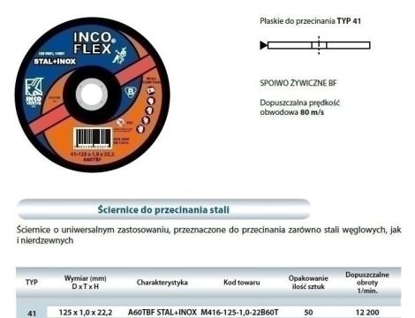 TARCZA DO METALU INCOFLEX  125 x 1,0 x 22,2mm STAL + INOX